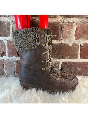 Eddie Bauer Lamb Shearling Lined Brown Leather Ladies Lace Up Boots Sz 8
